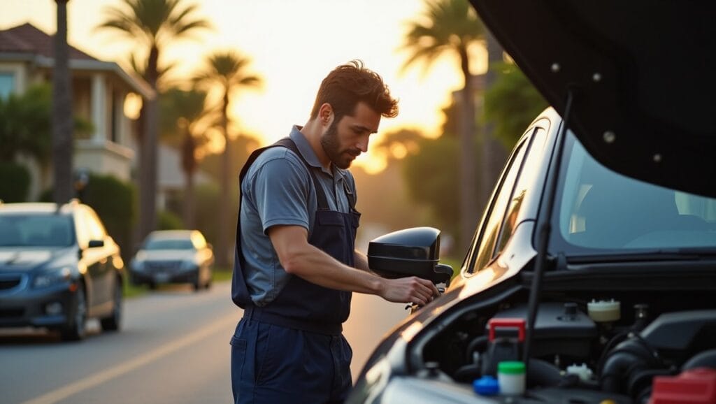 A mobile mechanic working on a car parked in a residential Seattle driveway with the Space Needle faintly visible in the background.