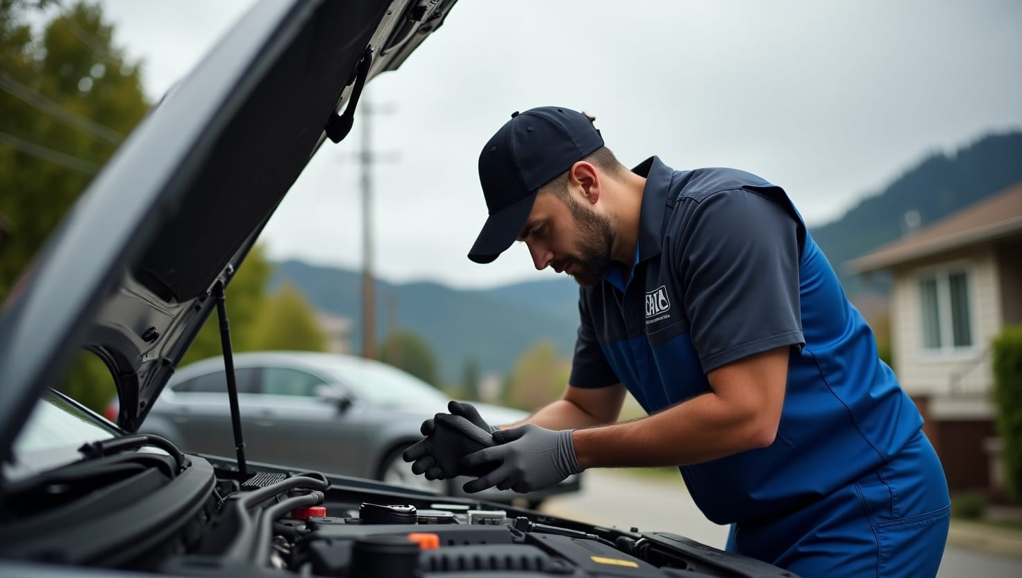 Seattle mobile mechanic repairing car engine on a rainy day