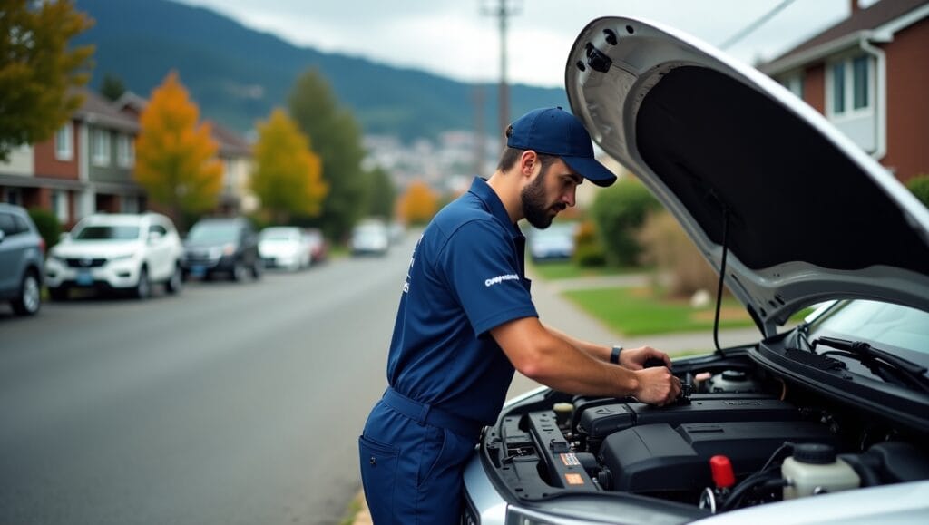 Mobile auto technician performing diagnostics in a Seattle driveway